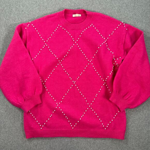 Cotton Bleu Pink Pearl Argyle Sweater Women's Small Crew Neck Pullover Preppy - Picture 1 of 9